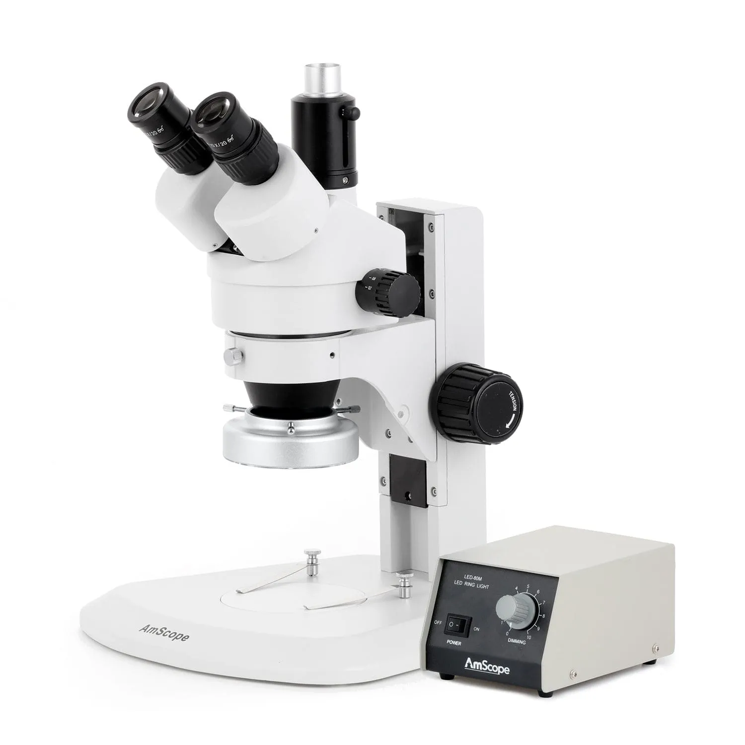 AmScope SM-1 Series Zoom Trinocular Stereo Microscope with Heavy Duty 80 LED Ring Light and Optional Digital Camera on Track Stand