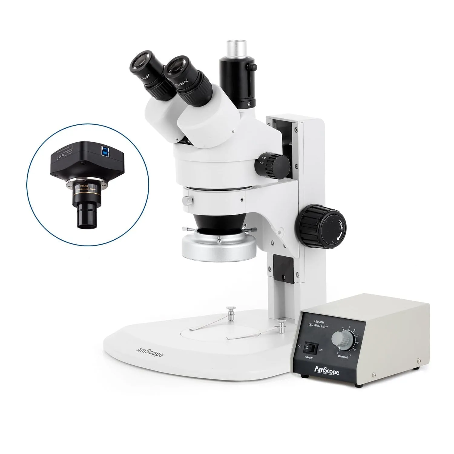 AmScope SM-1 Series Zoom Trinocular Stereo Microscope with Heavy Duty 80 LED Ring Light and Optional Digital Camera on Track Stand