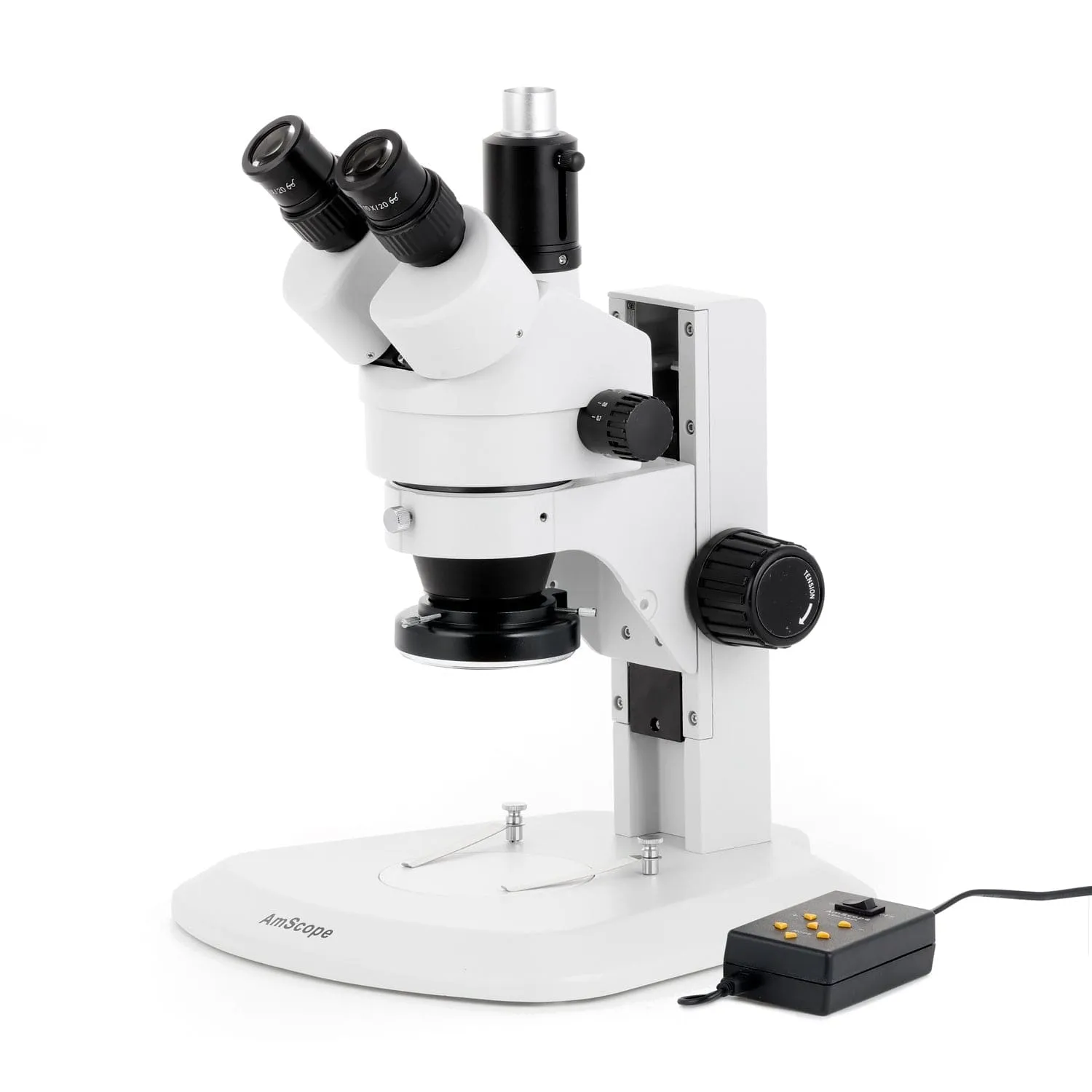 AmScope SM-1 Series Zoom Trinocular Stereo Microscope with Multi-Zone 144 LED and Optional Digital Camera on Track Stand