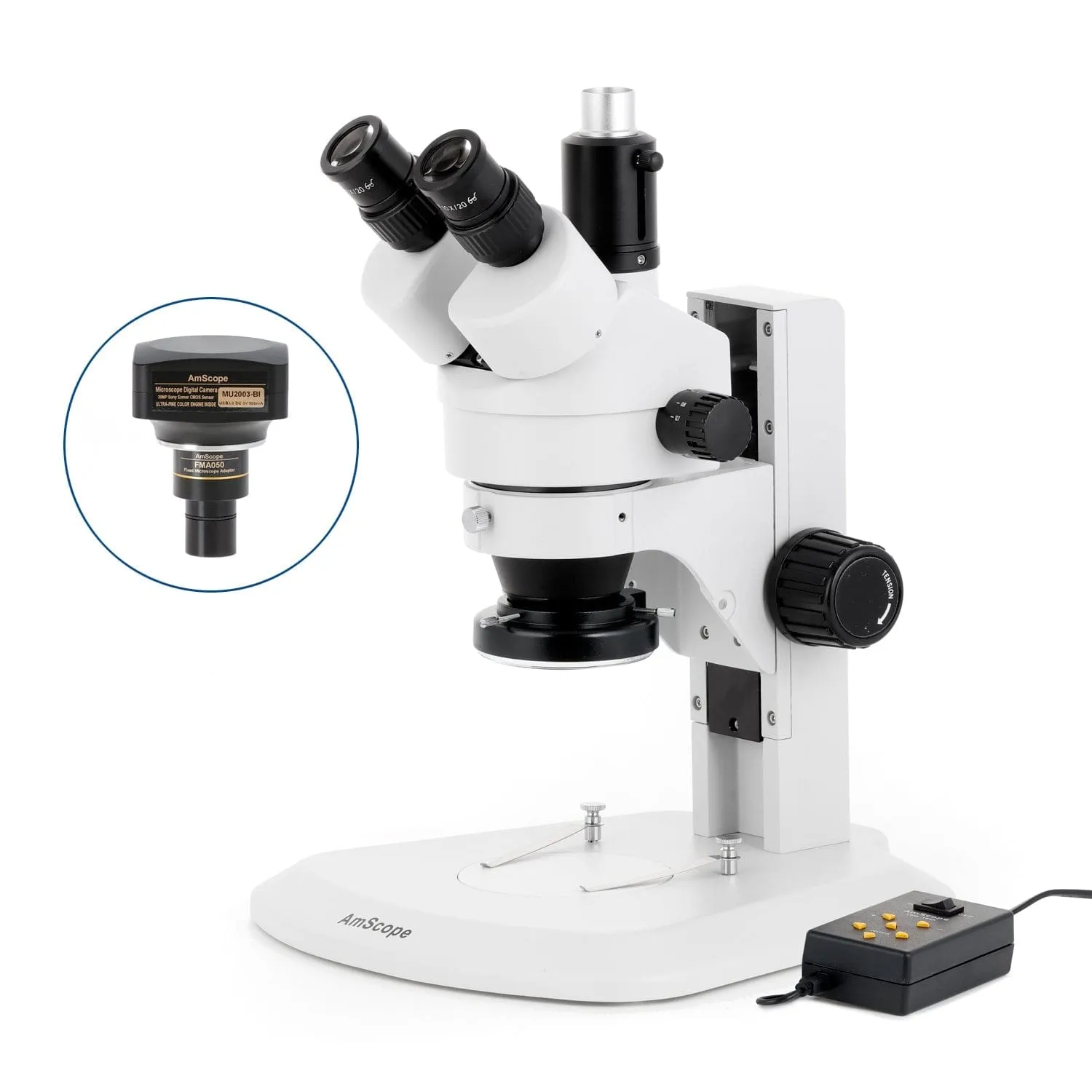 AmScope SM-1 Series Zoom Trinocular Stereo Microscope with Multi-Zone 144 LED and Optional Digital Camera on Track Stand
