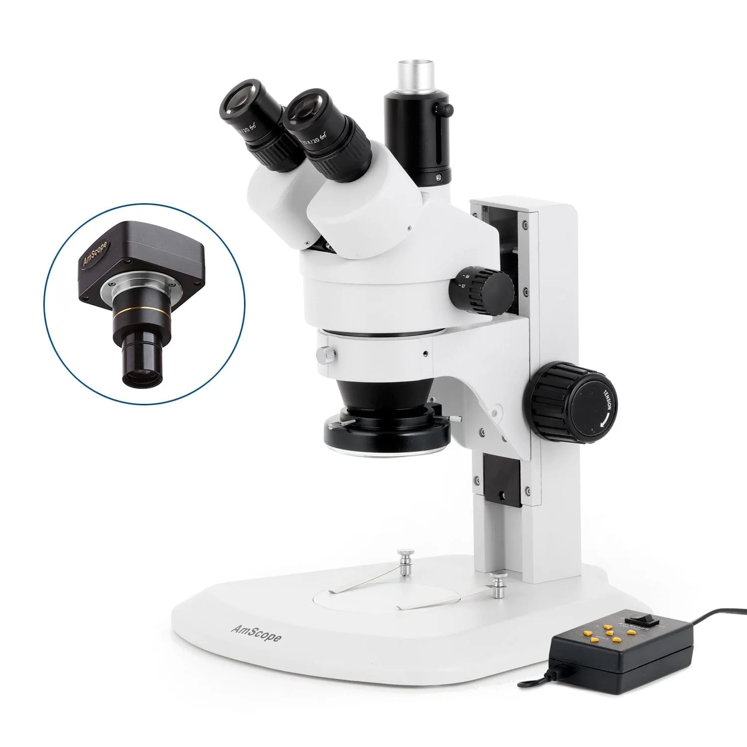 AmScope SM-1 Series Zoom Trinocular Stereo Microscope with Multi-Zone 144 LED and Optional Digital Camera on Track Stand