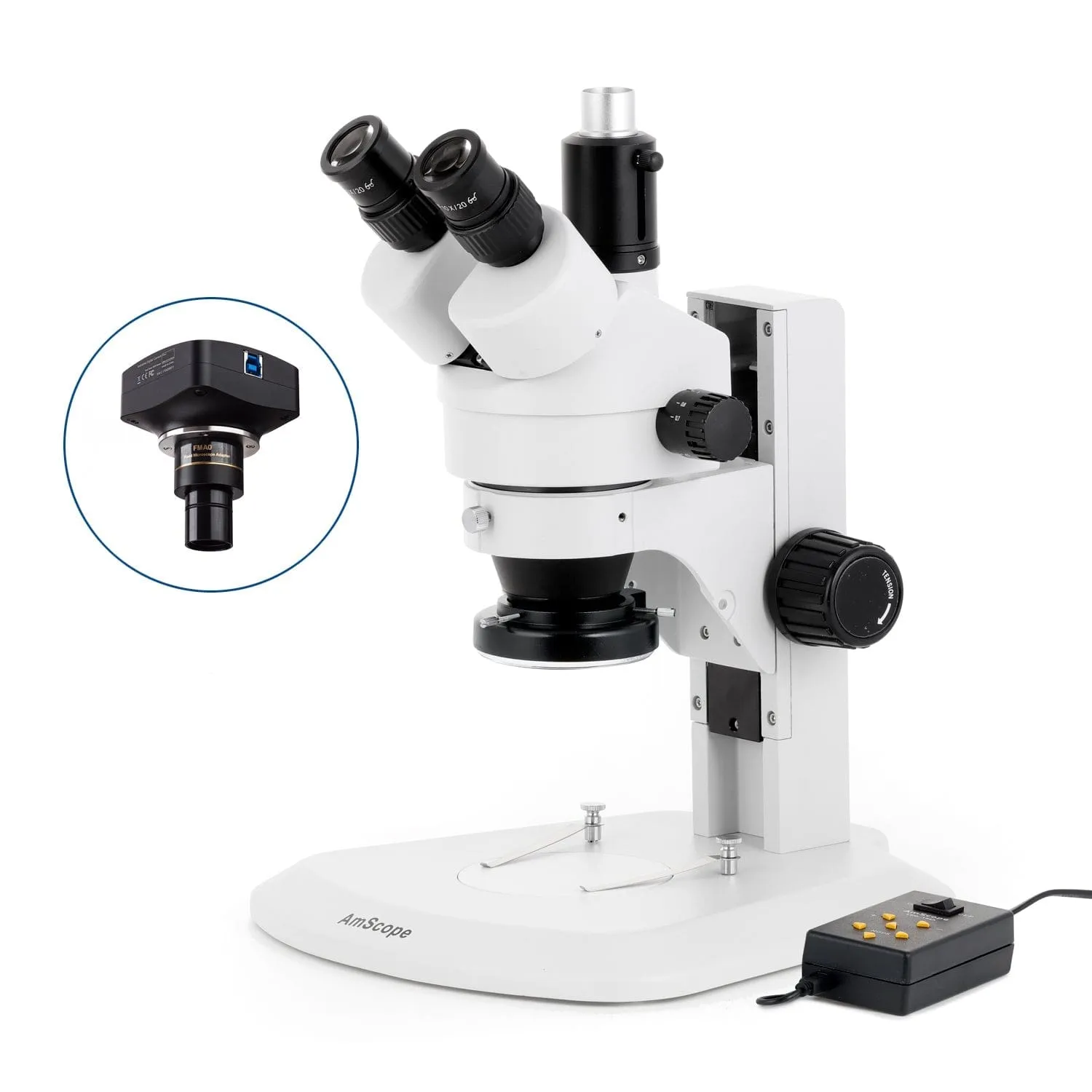 AmScope SM-1 Series Zoom Trinocular Stereo Microscope with Multi-Zone 144 LED and Optional Digital Camera on Track Stand