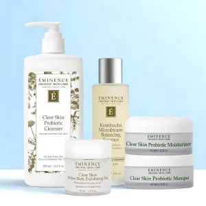 Eminence Organics Clarity Bundle (Clear Skin Probiotic Cleanser   Kombucha Microbiome Balancing Essence   Clear Skin Probiotic Moisturizer   Clear Skin Willow Bark Exfoliating Peel   Clear Skin Probiotic Masque)