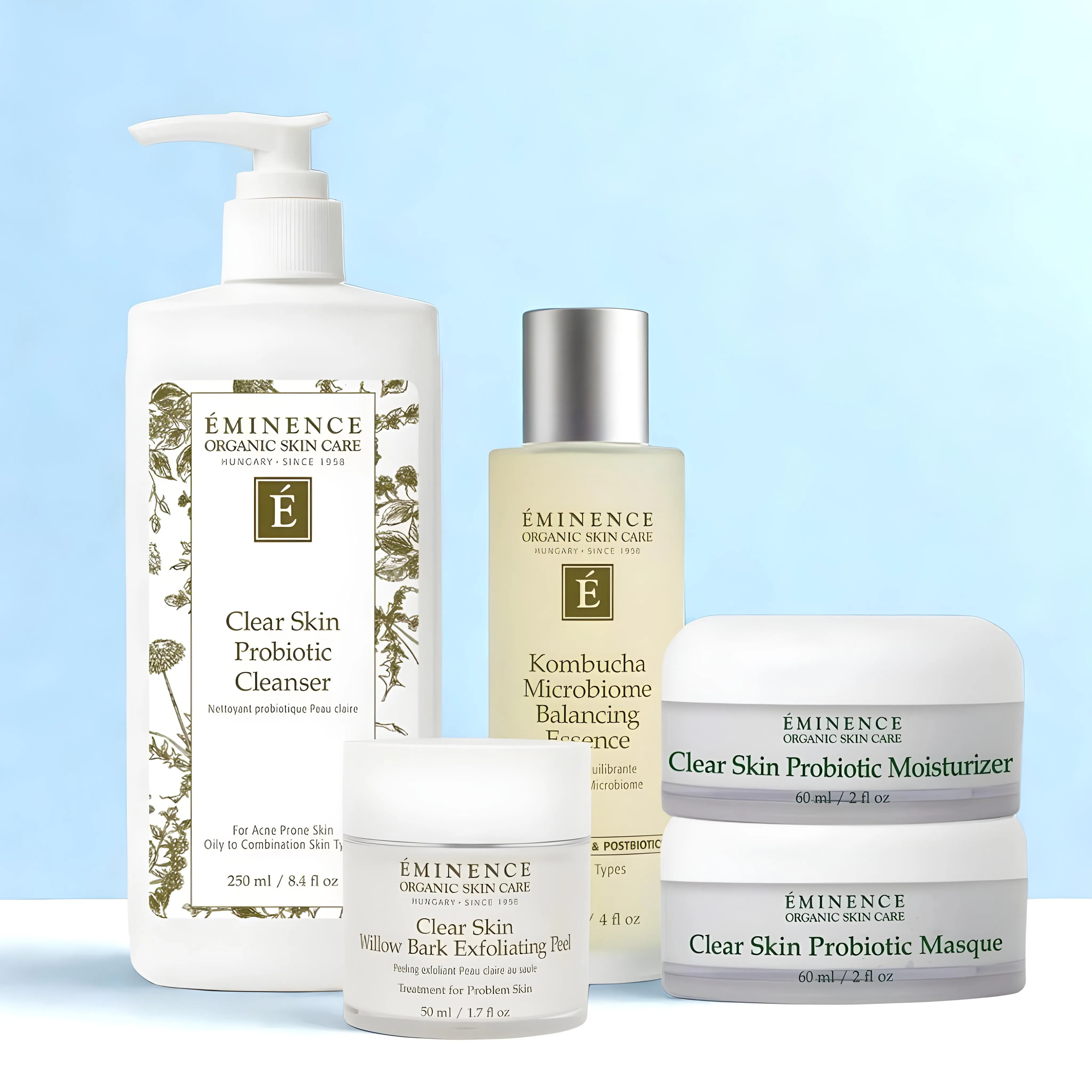 Eminence Organics Clarity Bundle (Clear Skin Probiotic Cleanser   Kombucha Microbiome Balancing Essence   Clear Skin Probiotic Moisturizer   Clear Skin Willow Bark Exfoliating Peel   Clear Skin Probiotic Masque)
