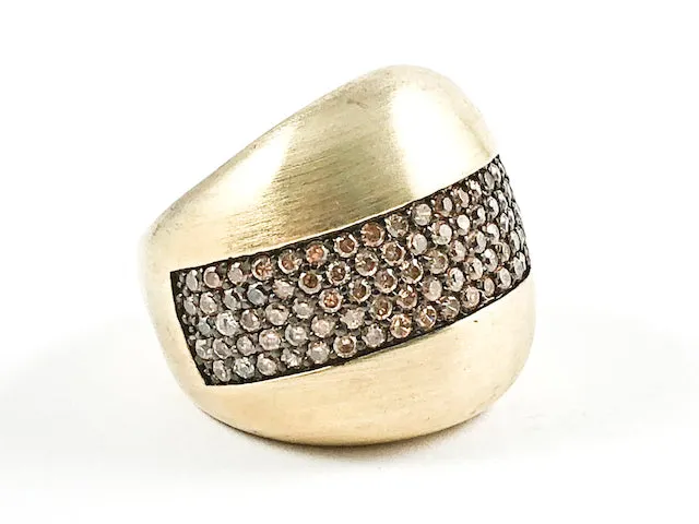 Nice Matte Brush Dome Shape With Middle Micro Setting CZ Gold Tone Silver Ring